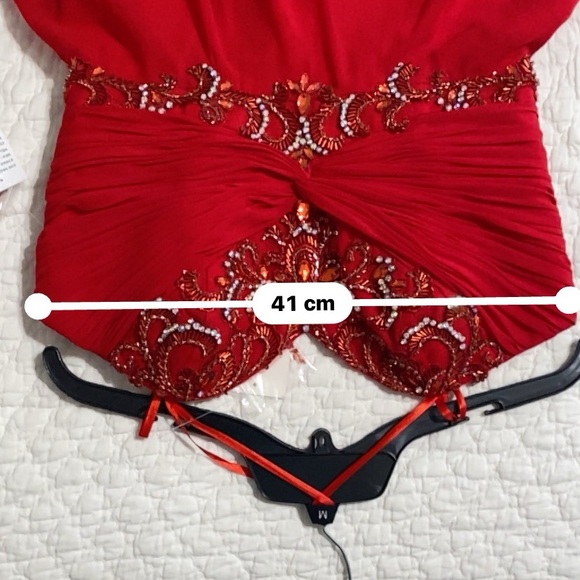 “Camille La Vie” Red Chiffon Embellished Sweetheart neckline gown. - Picture 6 of 9